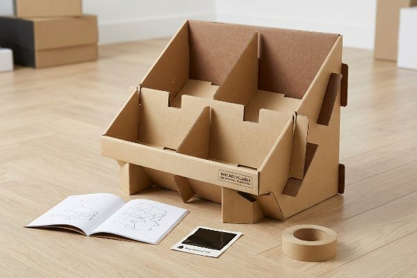 A sustainable retail display, made from 100% Recyclable cardboard, sits on a wooden floor with assembly instructions and eco-friendly tape.