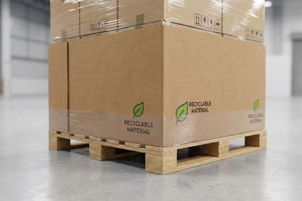 Corrugated cardboard boxes, wrapped in plastic, feature "Recyclable Material" and a green leaf, resting on a wooden pallet.