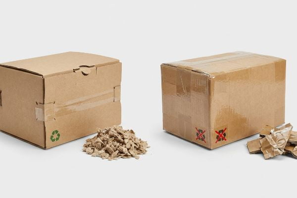 Recyclable corrugated box with green symbol and shredded paper filler, beside a non-recyclable box with synthetic tape and red symbols.