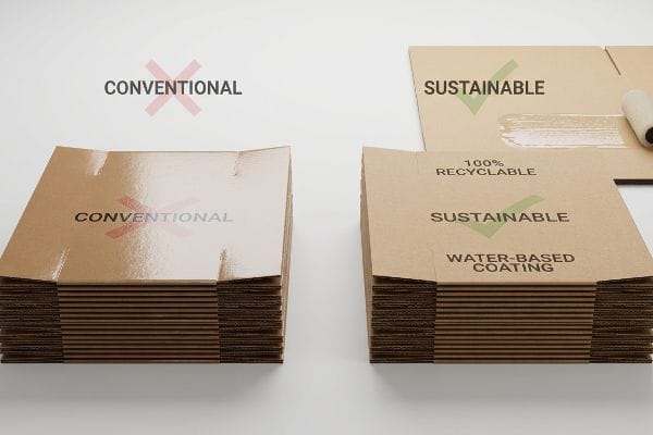 Comparaison des feuilles ondulées brunes : la lamination plastique conventionnelle avec un revêtement durable à base d’eau 100 % recyclable.