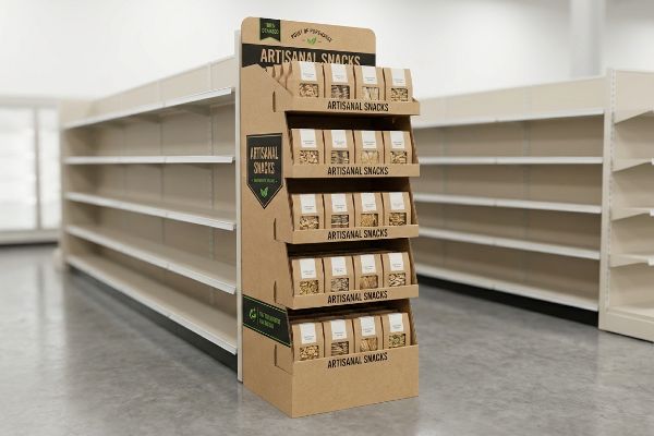 Brown cardboard Point of Purchase display holds 'Artisanal Snacks' bags, '100% Recycled' and 'Eco-Friendly Packaging'.