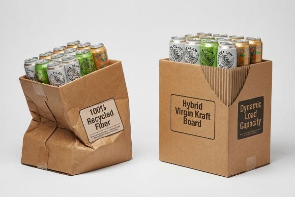 Crumpled 100% Recycled Fiber box contrasts with sturdy Hybrid Virgin Kraft Board box, both filled with White Claw cans, showing dynamic load capacity.