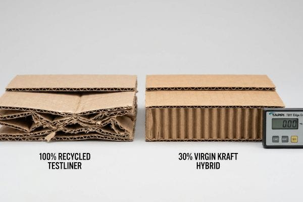 Crushed 100% Recycled Testliner corrugated board contrasts with intact 30% Virgin Kraft Hybrid, showing TAPPI T811 Edge Crush Test.