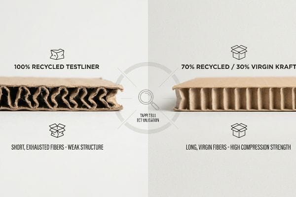 Weak 100% Recycled Testliner vs. strong 70% Recycled / 30% Virgin Kraft board, TAPPI T811 ECT.