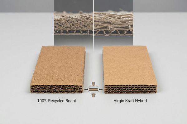 100% Recycled Board's short, exhausted fibers contrasted with Virgin Kraft Hybrid's long, intact fibers for superior strength.