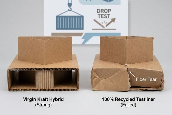 Intact Virgin Kraft Hybrid (Strong) corrugated board next to failed 100% Recycled Testliner with a Fiber Tear from a Drop Test.