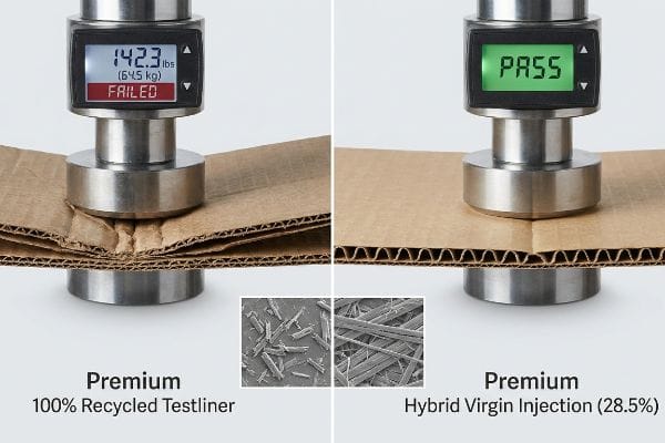 Prueba comparativa de resistencia del cartón Se muestran dos muestras de cartón corrugado sometidas a compresión: Testliner 100% reciclado, que falla a 142,3 libras con fibras aplastadas, en contraste con Premium Hybrid Virgin Injection (28,5%), que pasa la prueba con fibras largas intactas.