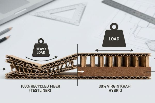 Corrugated cardboard comparison: 100% Recycled Fiber Testliner collapsing under Heavy Load vs. 30% Virgin Kraft Hybrid maintaining structure under Load, highlighting compression strength.