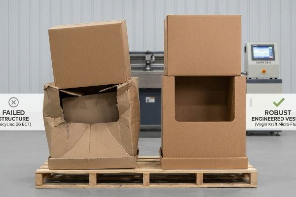 Failed vs Robust Displays Crumpled Recycled 26 ECT cardboard display next to a robust Virgin Kraft Micro-Flute display on a pallet, with TAPPI T811 machinery.