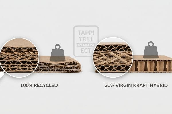 Cross-sections of 100% Recycled and 30% Virgin Kraft Hybrid corrugated cardboard, illustrating fiber exhaustion and strength for TAPPI T811 ECT.