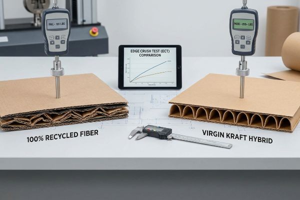 Corrugated cardboard comparison: 100% Recycled Fiber failing at 187 lbs, Virgin Kraft Hybrid passing 250+ lbs in an Edge Crush Test.