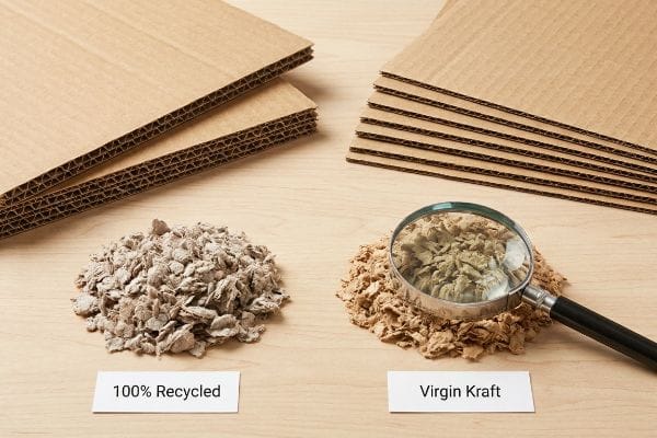 Two piles of paper fibers, '100% Recycled' and 'Virgin Kraft' under a magnifying glass, illustrating material differences for corrugated cardboard.