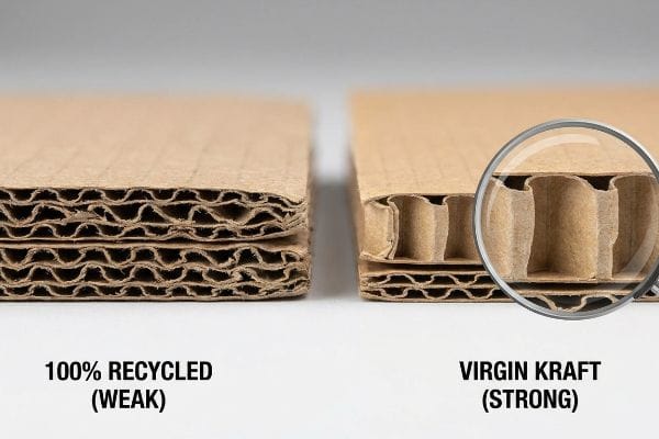 Corrugated cardboard cross-section comparing 100% Recycled (Weak) board with compressed flutes to Virgin Kraft (Strong) board showing robust fiber integrity.