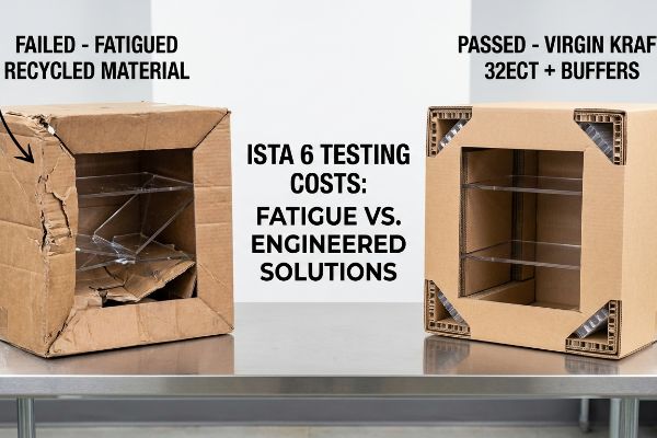 Failed fatigued recycled material box with broken acrylic shelves next to a passed virgin kraft 32ECT box with corner buffers, illustrating ISTA 6 testing costs.