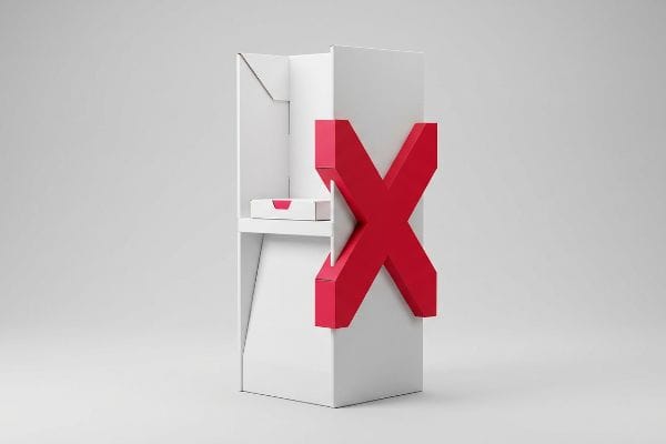 White retail display stand featuring a prominent red 3D X, designed for high-contrast POP strategy and impulse purchases.