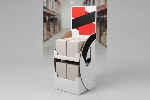 White cardboard floor display merchandiser with asymmetrical red and black graphics, holding brown product boxes in a retail aisle.