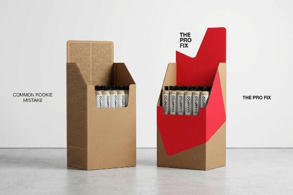 Brown corrugated cardboard displays: 'Common Rookie Mistake' high lip, 'The Pro Fix' red die-cut header, low lip for shampoo.