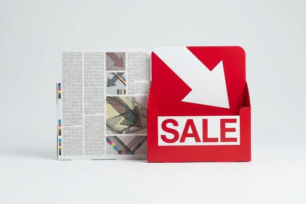 Red promotional display with white downward arrow and 'Sale' text, beside a brochure featuring CMYK color bars and abstract designs.