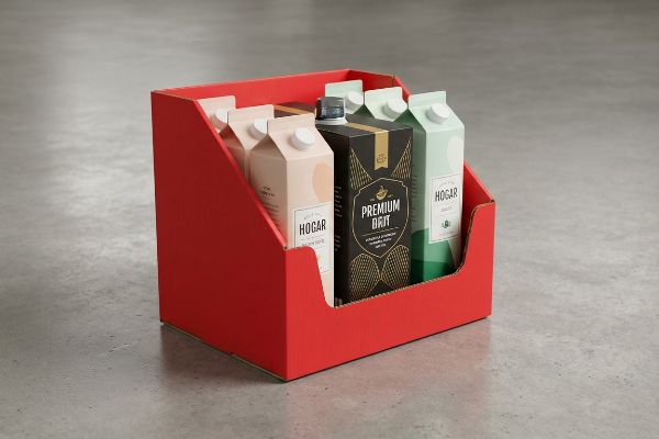 Red corrugated display tray with Hogar and Premium Brit beverage cartons, demonstrating product visibility.