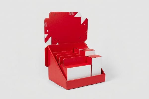 Display promocional vibrante em papelão ondulado vermelho, em vários níveis, com cabeçalhos geométricos brancos e espaços reservados brancos.