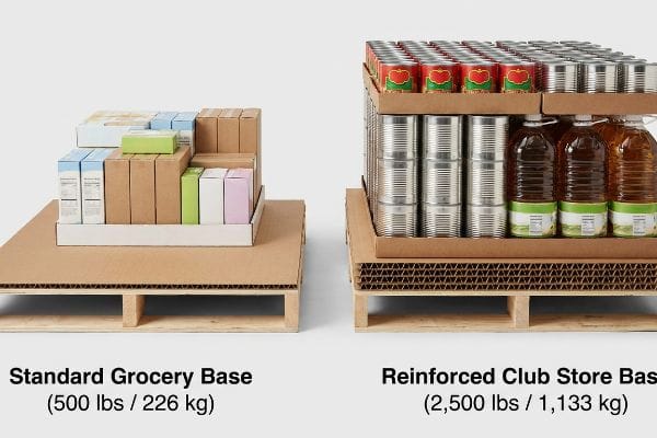 Two corrugated pallet bases: a Standard Grocery Base (500 lbs / 226 kg) with light boxes, and a Reinforced Club Store Base (2,500 lbs / 1,133 kg) with heavy canned goods and bottles.