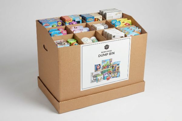 A retail reinforced dump bin with modular internal dividers displays various packaged products, showcasing its corrugated cardboard structure.