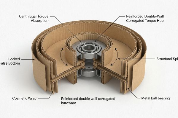 Corrugated cross-section: Reinforced Double-Wall Corrugated Torque Hub, Metal Ball Bearing, Locked False Bottom, Centrifugal Torque Absorption.