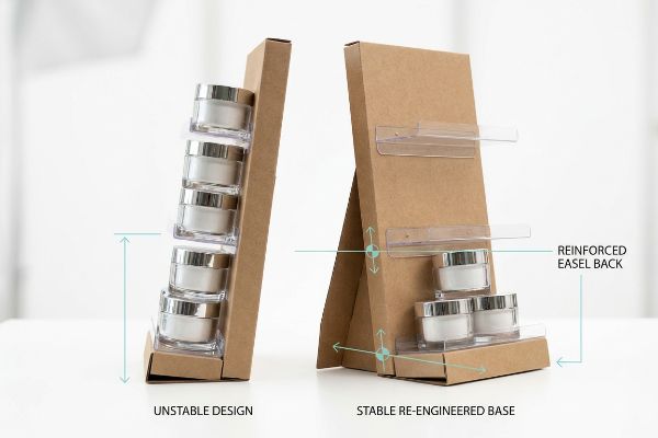 Kraft paper countertop display comparison, highlighting an Unstable Design with five cosmetic jars versus a Stable Re-Engineered Base featuring a Reinforced Easel Back.