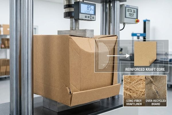 Brown cardboard box under 85 kg load in ISTA 3A Test, showing buckling and overlays for Reinforced Kraft Core, Long-Fiber Kraftliner, Over-Recycled Board.