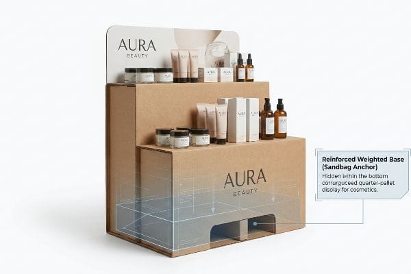 Brown corrugated quarter-pallet display for Aura Beauty cosmetics, showcasing jars, tubes, and bottles, with a diagram highlighting its reinforced weighted base sandbag anchor.