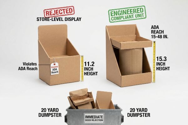 Rejected 11.2-inch display violates ADA Reach. Compliant 15.3-inch unit meets ADA 15-48. Dumpster shows rejection.