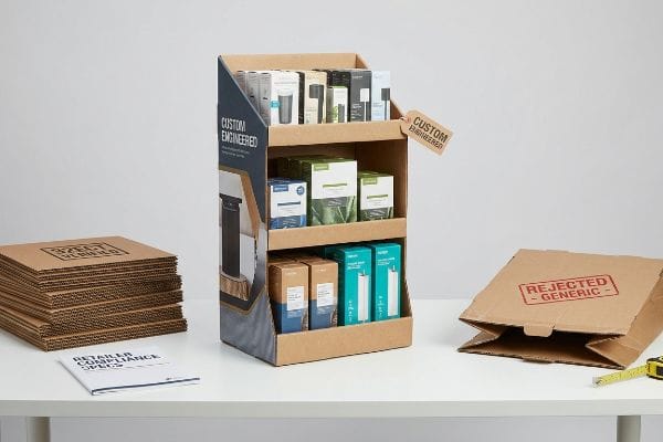 Corrugated custom engineered retail display with products, 32ECT cardboard sheets, 'Retailer Compliance Specs' document, and a 'Rejected - Generic' box.