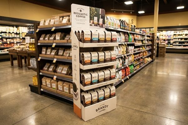 A grocery store aisle features a multi-tiered point of purchase display showcasing Requaastic Coffee and Brandy Coffee bags.
