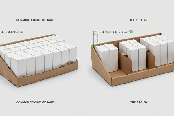 Brown corrugated cardboard display trays show a Common Rookie Mistake of Zero Clearance versus The Pro Fix with a 0.25-Inch (6.35 mm) Gap for efficient restocking.