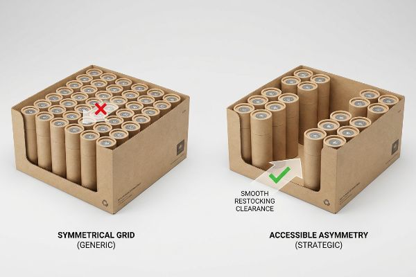 Brown cardboard display trays contrasting Symmetrical Grid (Generic) with Accessible Asymmetry (Strategic) for Smooth Restocking Clearance.