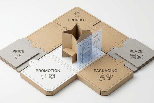 Brown cardboard model illustrating the 5 P's of retail: Product, Price, Place, Promotion, Packaging, with a Retail Compliance Matrix overlay.