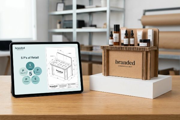 Corrugated cardboard Branded Cosmetics Unit with products, beside a tablet displaying 5 P's of Retail and display blueprint.