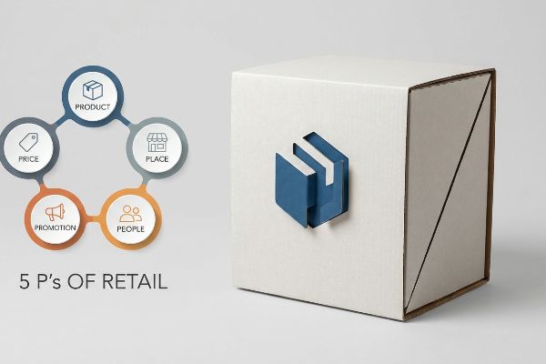 White retail display box with a blue 3D die-cut element, next to an infographic illustrating the 5 P's of Retail: Product, Price, Place, Promotion, and People.