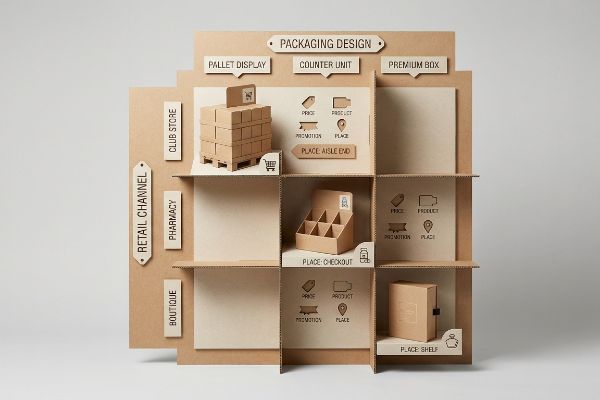 Cardboard retail packaging matrix model: pallet, counter, premium box for club store, pharmacy, boutique channels.