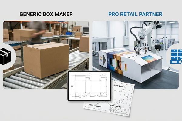 Detailed blueprints for 'Retail Compliant' and 'Strict Tolerance' designs, contrasting generic box production with Pro Retail Partner's robotic retail display assembly.