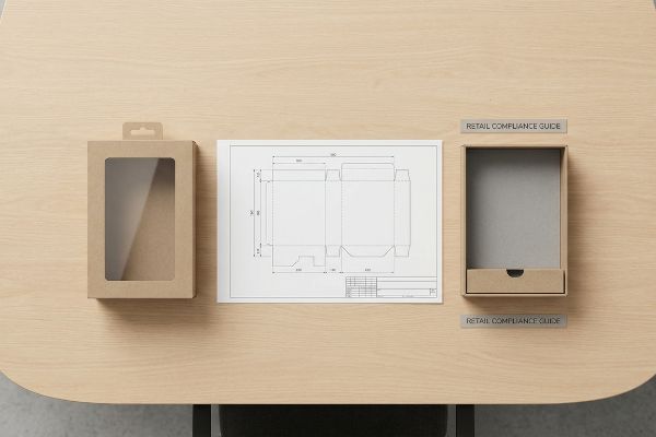 Kraft paper window box, technical blueprint, and open box with 'Retail Compliance Guide' labels, for visual merchandising.