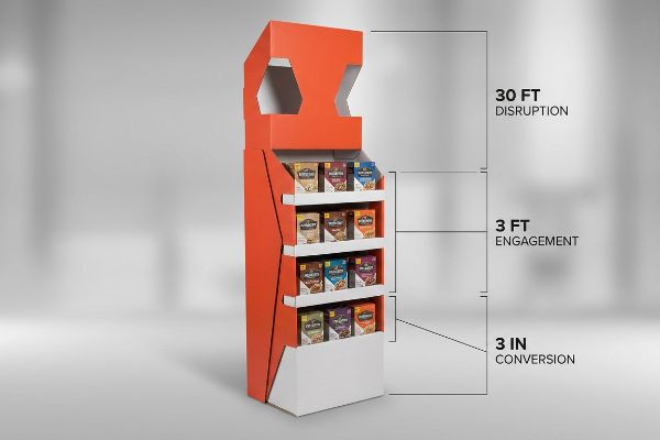Orange and white retail display with die-cut top and angled shelves, illustrating 30 Ft Disruption, 3 Ft Engagement, and 3 In Conversion.