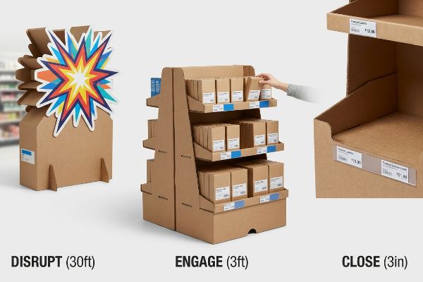 Brown corrugated retail display demonstrating the 3-3-3 spatial engagement rule: Disrupt (30ft) with a colorful die-cut starburst, Engage (3ft) with product boxes, and Close (3in) showing Product Labels.