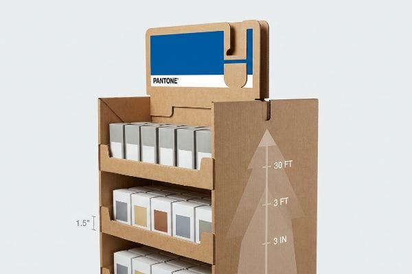 Corrugated cardboard retail display showcasing Pantone color boxes, featuring the 3-3-3 Rule graphic and a 1.5-inch retaining lip.