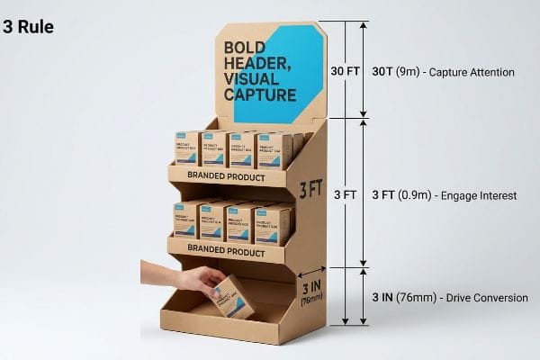 Présentoir de vente au détail en carton illustrant la règle 3 3 3, avec un titre en gras, une capture visuelle à 30 pieds, un produit de marque à 3 pieds et une conversion de 3 pouces.