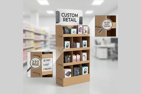 3-3-3 Rule Display Brown cardboard point-of-purchase display for electronics, featuring a 'Custom Retail' header. Insets detail the '3-3-3 Rule' for 30 feet, 3 feet, 3 inches retail engagement.