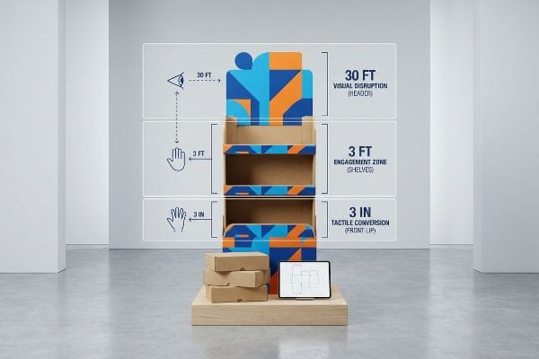 Cardboard retail display shows 3-3-3 Rule: 30 Ft Visual Disruption, 3 Ft Engagement Zone, 3 In Tactile Conversion.