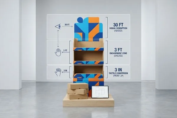 3-3-3 Rule Retail Display Cardboard retail display shows 3-3-3 Rule: 30 Ft Visual Disruption, 3 Ft Engagement Zone, 3 In Tactile Conversion.