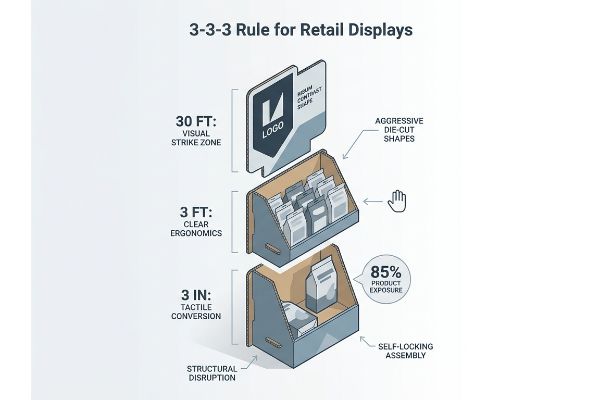 A detailed diagram illustrates the 3-3-3 Rule for Retail Displays, showing a two-tiered POP display with aggressive die-cut shapes, a 30 ft Visual Strike Zone, 3 ft Clear Ergonomics, and 3 in Tactile Conversion with 85% Product Exposure.
