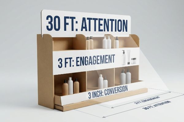 Brown cardboard display with '30 Ft: Attention', '3 Ft: Engagement', '3 Inch: Conversion' and product bottles.